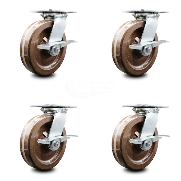 8 Inch Heavy Duty High Temp Phenolic Caster Set with Roller Bearings and Brakes